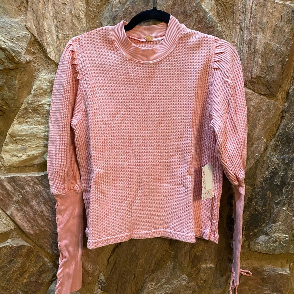 Free people lace up sleeve pink long sleeve top
